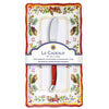 Le Cadeaux pinecone holiday butter dish and spreader set with le cadeaux  packaging on a white background