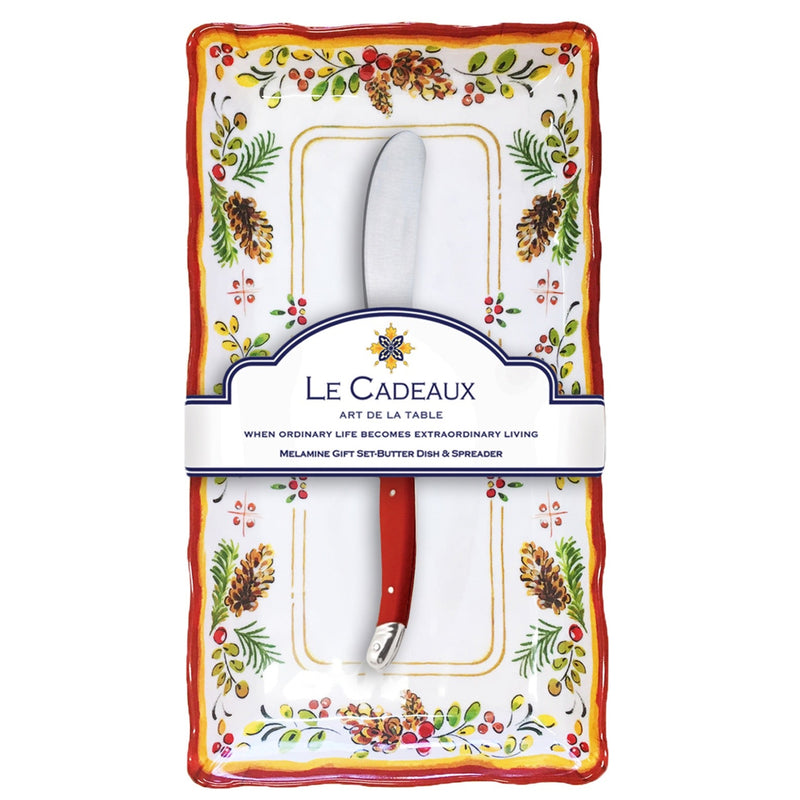 Le Cadeaux pinecone holiday butter dish and spreader set with le cadeaux  packaging on a white background