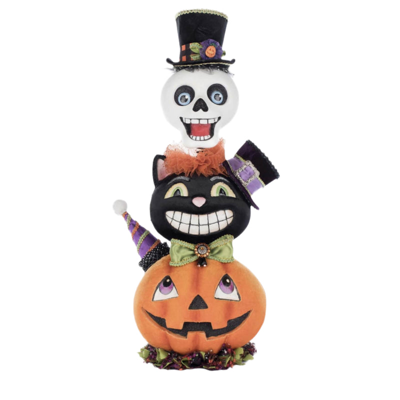 Front view of the Ghoul Stack featuring a smiling skull, black cat, and jack-o’-lantern. A vibrant Halloween figurine by Katherine’s Collection.