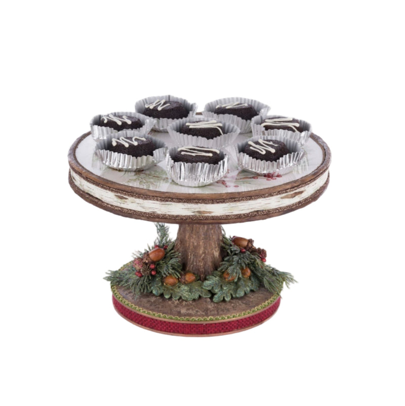 Close-up of gold-tipped pinecones embellishing the North Country Cake Plate, SKU 28-428267, GTIN 810074127806