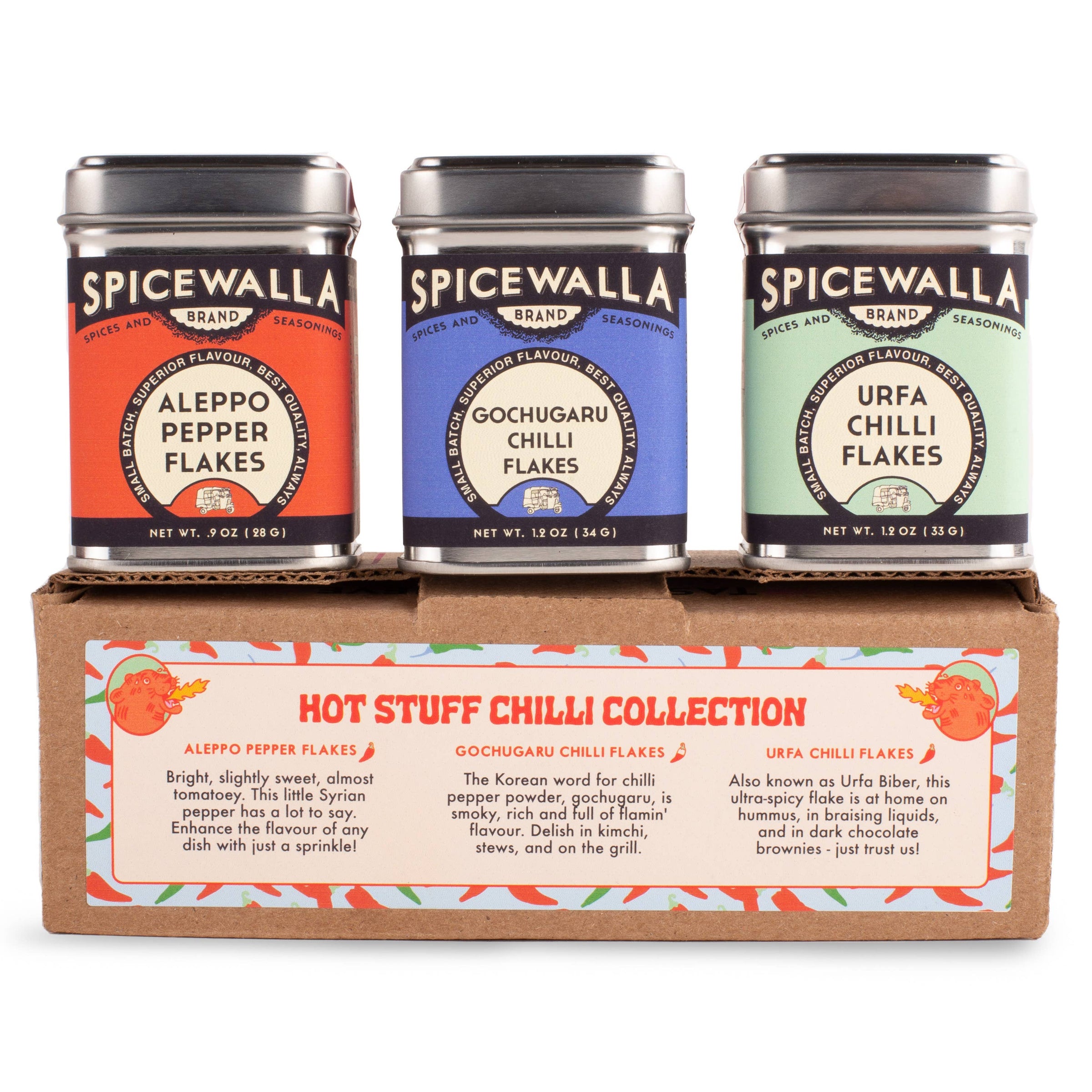 Three-pack of Spicewalla chili flakes in gift packaging, perfect for spice lovers and home chefs.