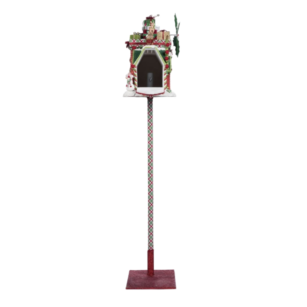 Whimsical Village Mailbox showing hinged door open, resin design with sparkled fabric and holly accents