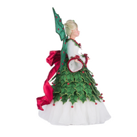 Layers of soft tulle fabric and holly embellishments on Katherine’s Collection Holly Berry Fairy Tree Topper.