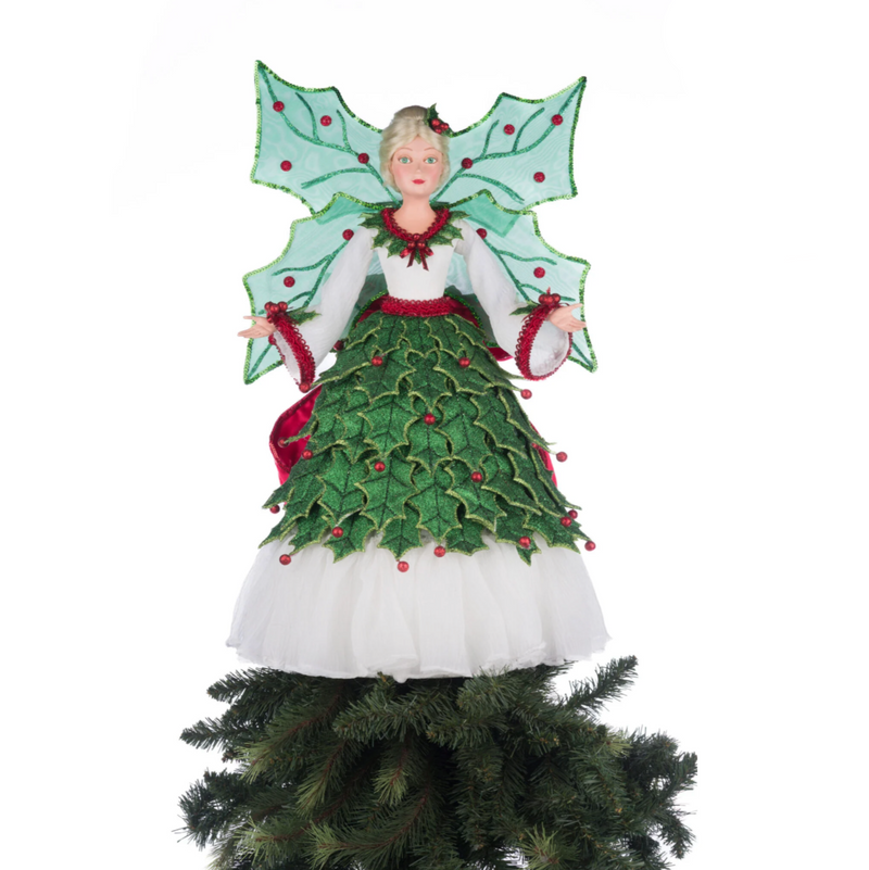 Sparkled holly embellishments and tulle fabric detail on Katherine’s Collection Holly Berry Fairy Tree Topper.