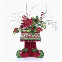 Front view of Holly Woods Elf Boots Tabletop Container with sequined tips and silk cord, SKU 28-428358, GTIN 810074128391