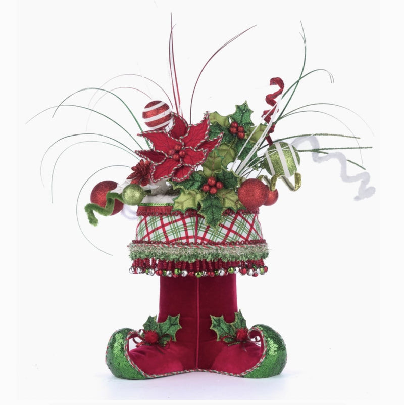 Front view of Holly Woods Elf Boots Tabletop Container with sequined tips and silk cord, SKU 28-428358, GTIN 810074128391