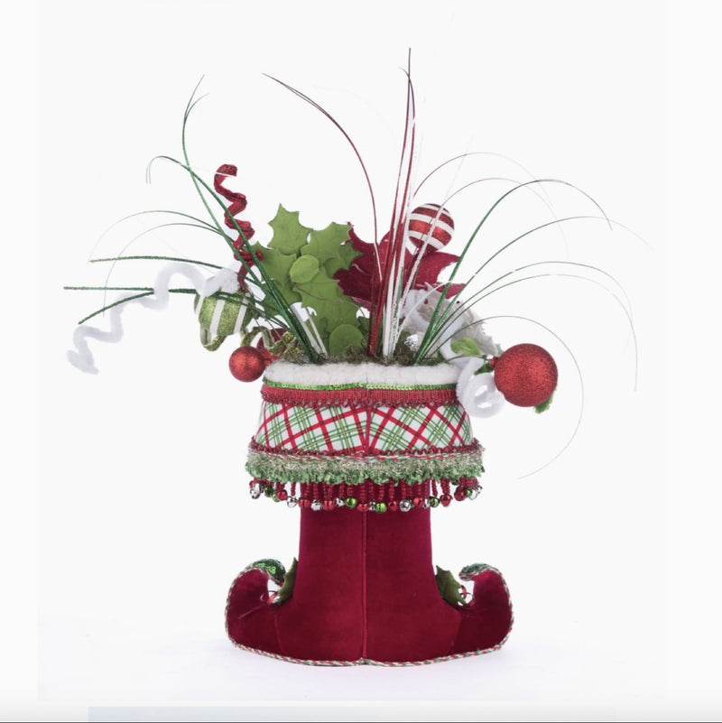 Decorative silk cord embellishment on Holly Woods Elf Boots Tabletop Container, SKU 28-428358, GTIN 810074128391.