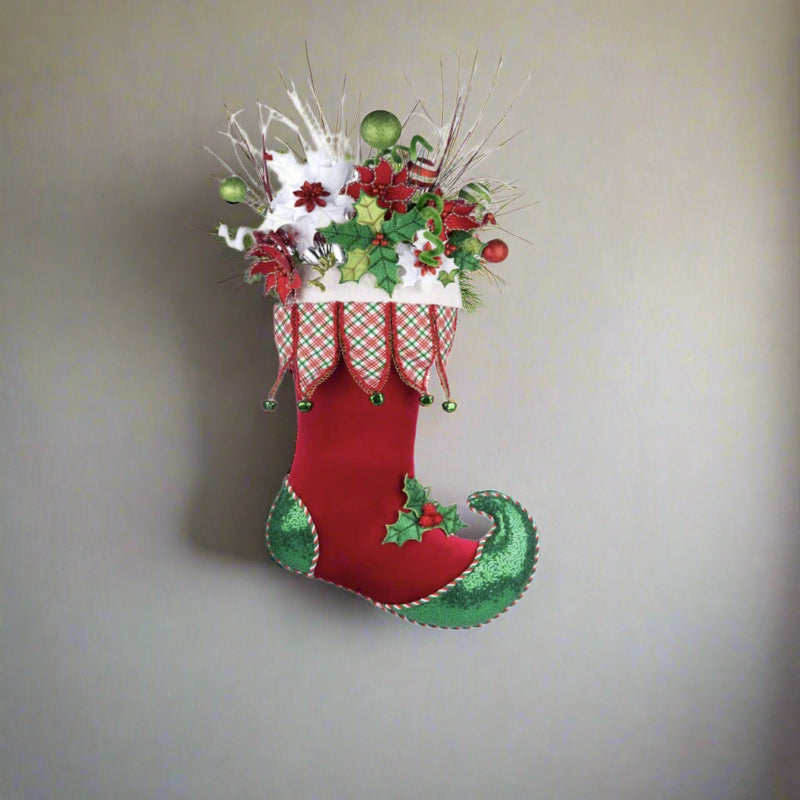 Katherine’s Collection Holly Woods Stocking Wall Piece front view with velvet, sequins, and floral accents.