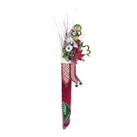 Side angle of whimsical velvet stocking with sequins and jingle bells from Village of Holly Woods collection.