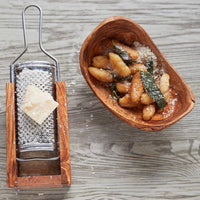 Close-up front view of the Italian Olivewood Box Cheese Grater handcrafted in Umbria