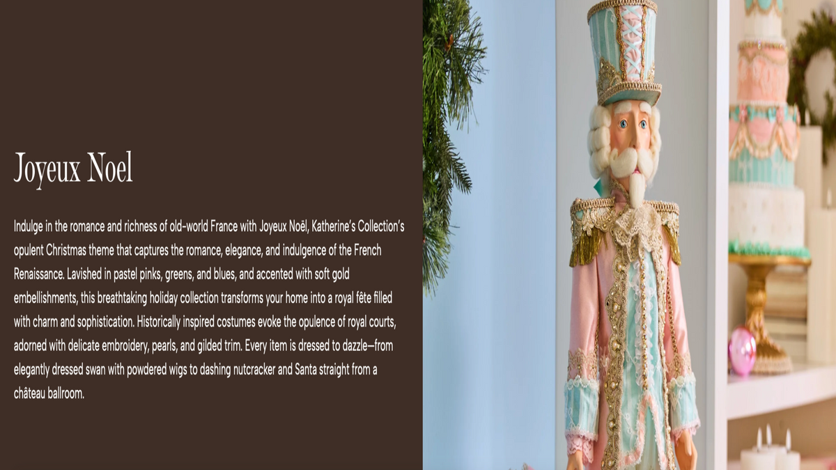 A holiday-themed promotional banner with a dark brown left panel containing French text and a right panel showing a beautifully decorated Christmas nutcracker in a royal blue and gold suit, alongside a glimpse of a decorated cake.