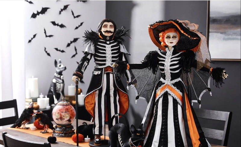 view-2-of-Katherine's-Collection-Macabre-Family-Halloween-Decor-Collection-Mrs.-Macabre-Mr.-Macabre-Bones-the-dog-skin-the-cat-crow-on-skeleton-hand-perch-