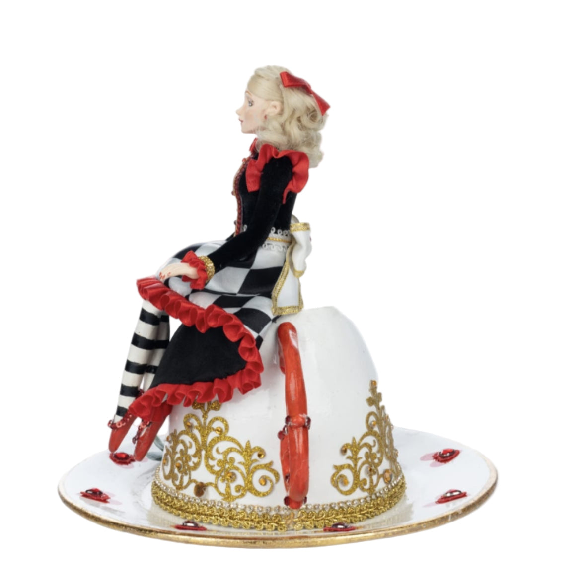 left side profile of Katherine’s Collection Red Alice sitting on ornate teacup with red and gold accents