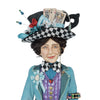Katherine’s Collection Mad Hatter wearing blue jacket with armband holding spools of thread and buttons