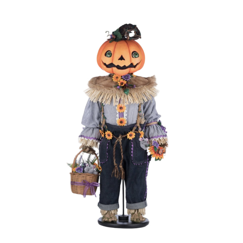 Front view of Katherine’s Collection Scarecrow with Sunflowers handcrafted doll, 38-inch Jacks and Cats Halloween decor, SKU 28-428183, GTIN/UPC 810074127288