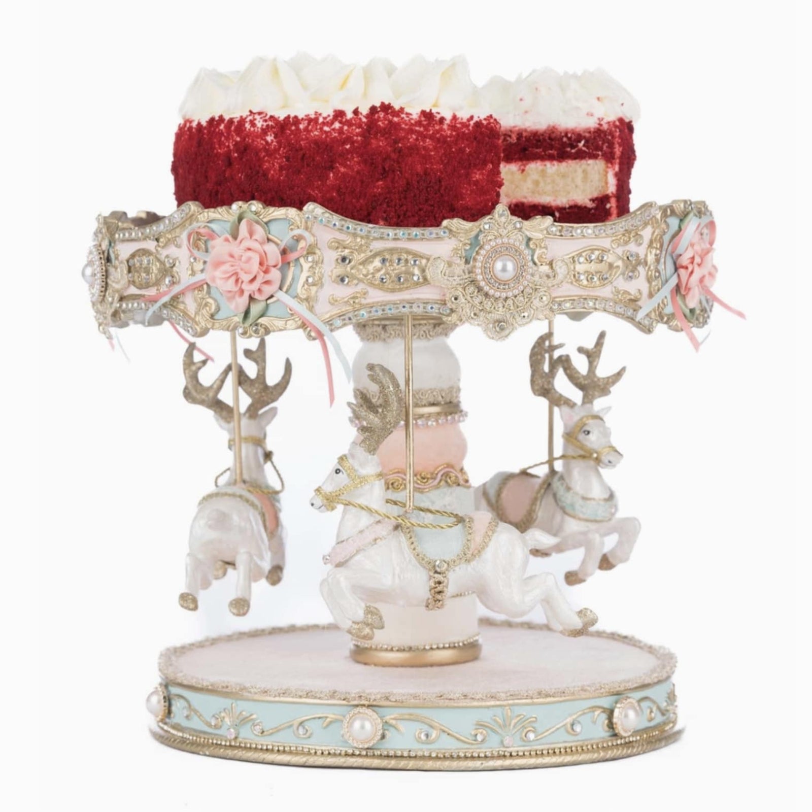 upc+810187071522+side+view+of+Katherines+Collection+Joyeux+Noel+Reindeer+Carousel+Cake+Dessert+Plate+28-528851