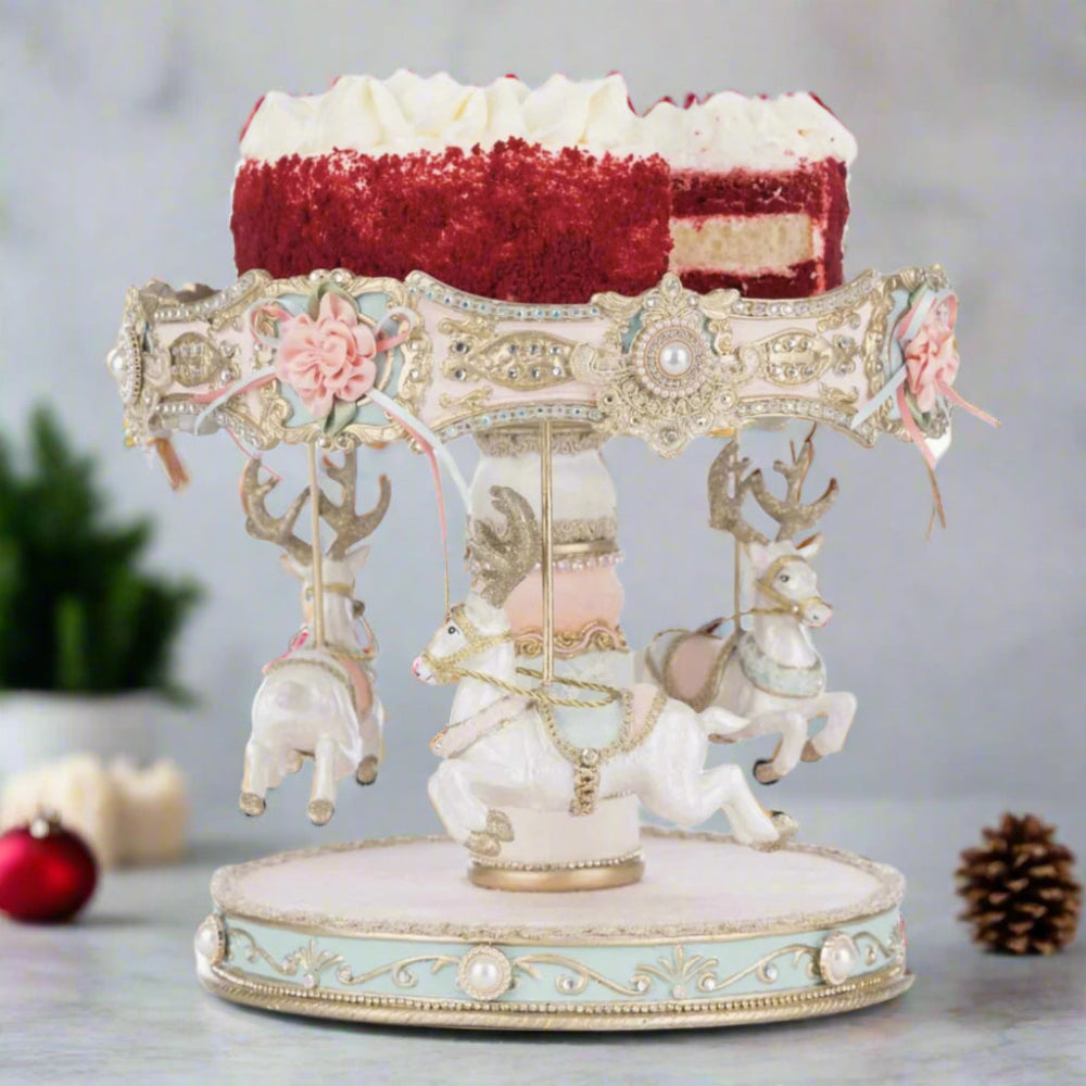 upc+810187071522+side+view+of+Katherines+Collection+Joyeux+Noel+Reindeer+Carousel+Cake+Dessert+Plate+28-528851