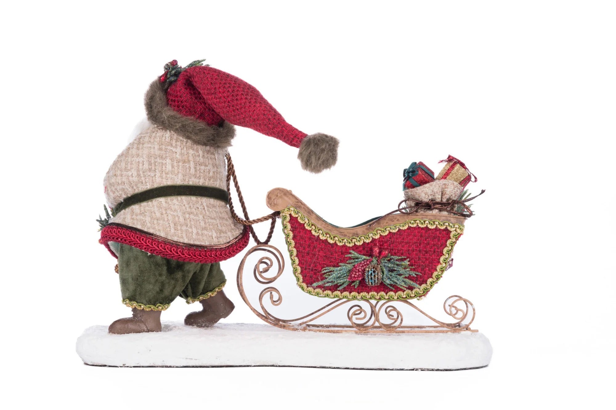 Sleigh filled with wrapped presents and greenery from Katherine’s Collection Santa Pulling Sleigh Candle Holder, SKU 28-428274, GTIN 810074127868