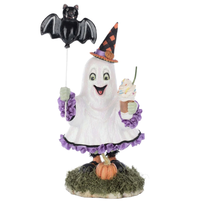 Front-facing view of Shadow the Ghost Girl, showcasing her organza gown, flying bat balloon, and ice blended drink with whip cream.