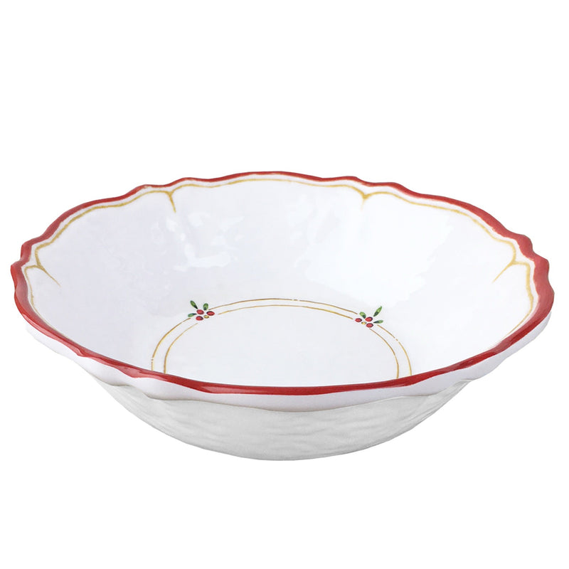 Le Cadeaux Natale White melamine cereal bowl with a Christmas holiday print, featuring a red rim and decorative elements on a white background