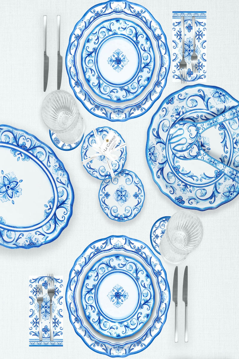 Le Cadeaux Mallorca Collection, a Blue and white high quality melamine dinnerware set on a white background