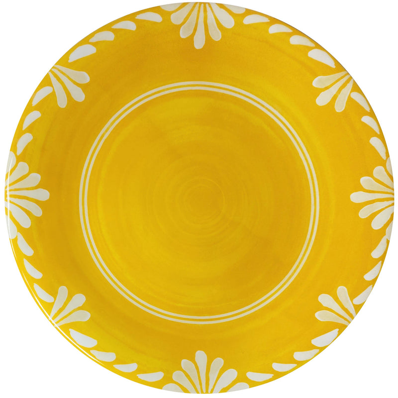 Le Cadeaux Paloma Yellow dinner plate plate with white floral patterns on a white background, Le-Cadeaux-Paloma-Yellow-Dinner-Plate-Le-Cadeaux-Item-337PLY-UPC:810056679187