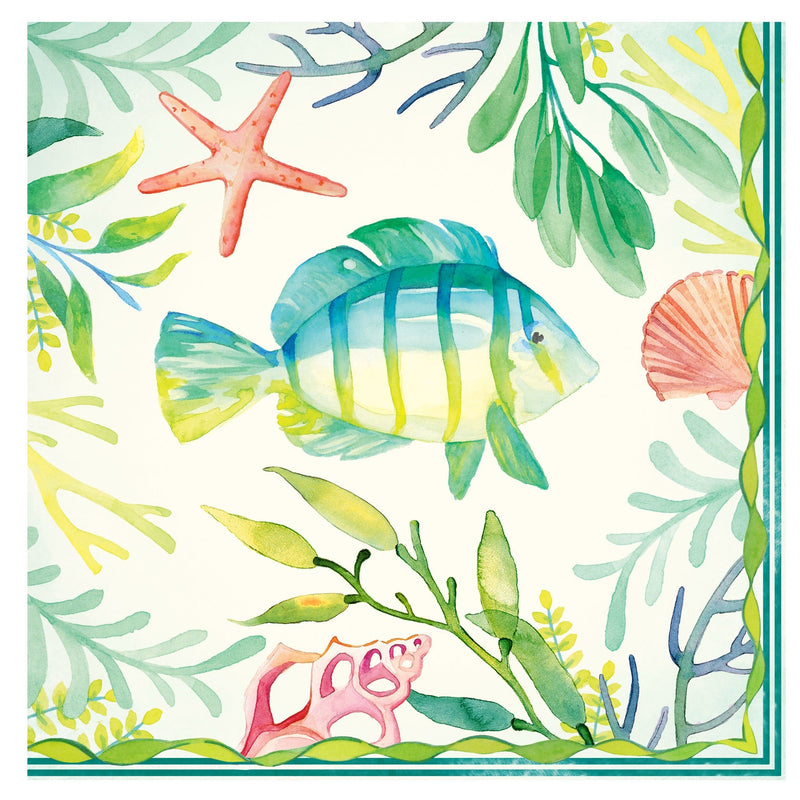 Le Cadeaux Dinner Napkin with colorful fish and sea creature design on a white background
