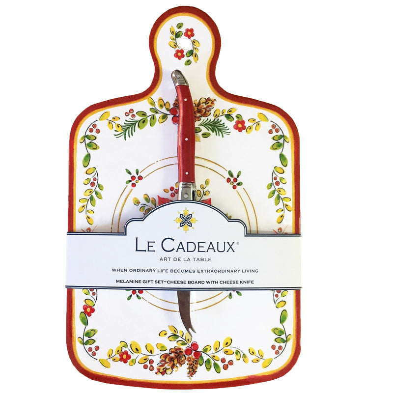 Le Cadeaux Noelle cheese board with cheese knife gift set - pinecone holiday floral pattern on a white background