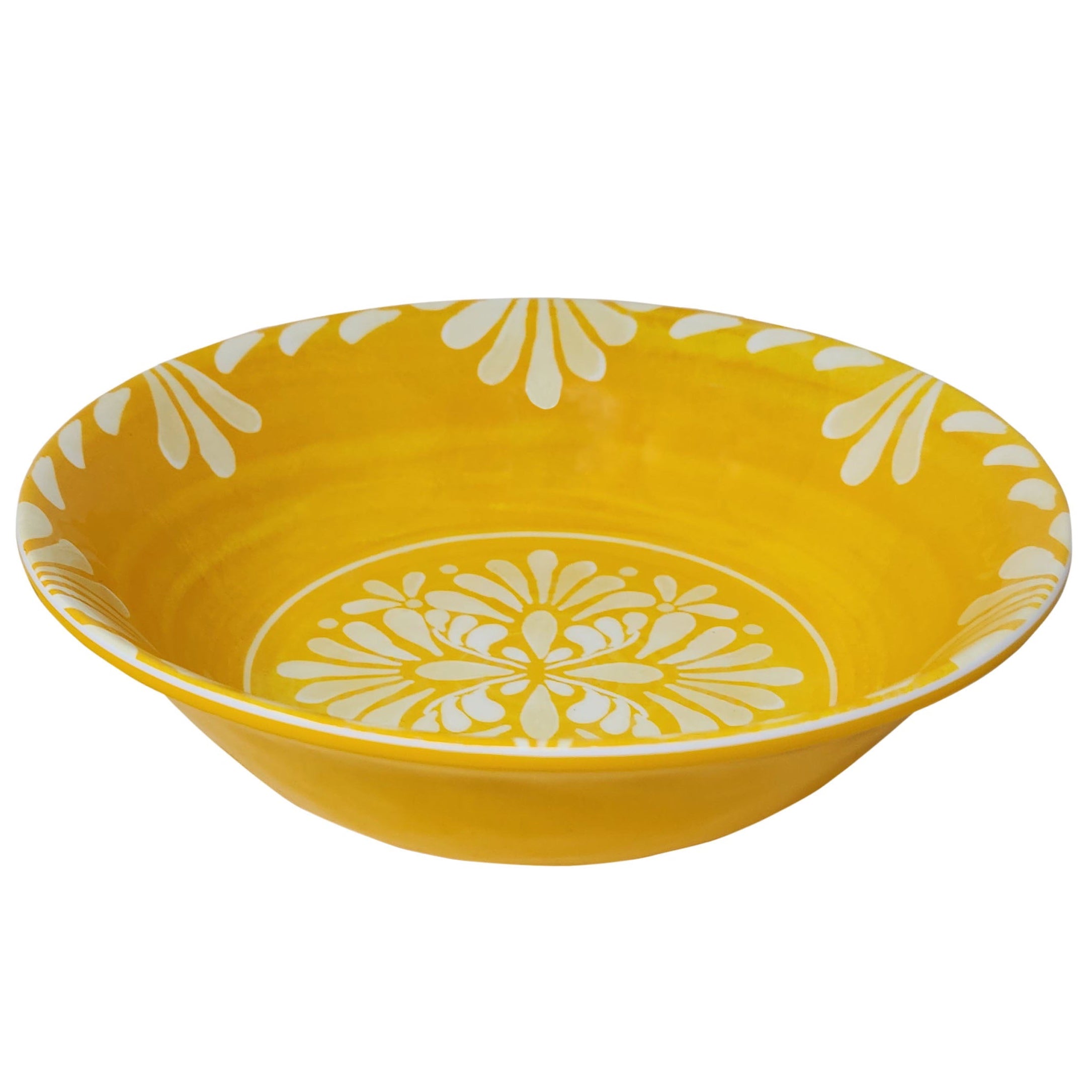 Le Cadeaux Paloma Yellow Cereal bowl with white floral patterns on a white background