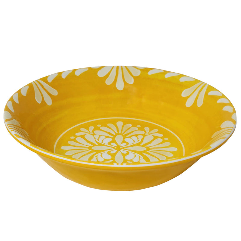 Le Cadeaux Paloma Yellow Cereal bowl with white floral patterns on a white background