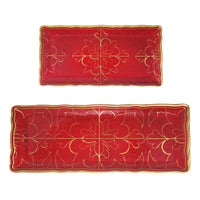 Top-down view of the two-piece Le Cadeaux Bellini tray set, showing elegant red and gold detail and generous serving sizes.