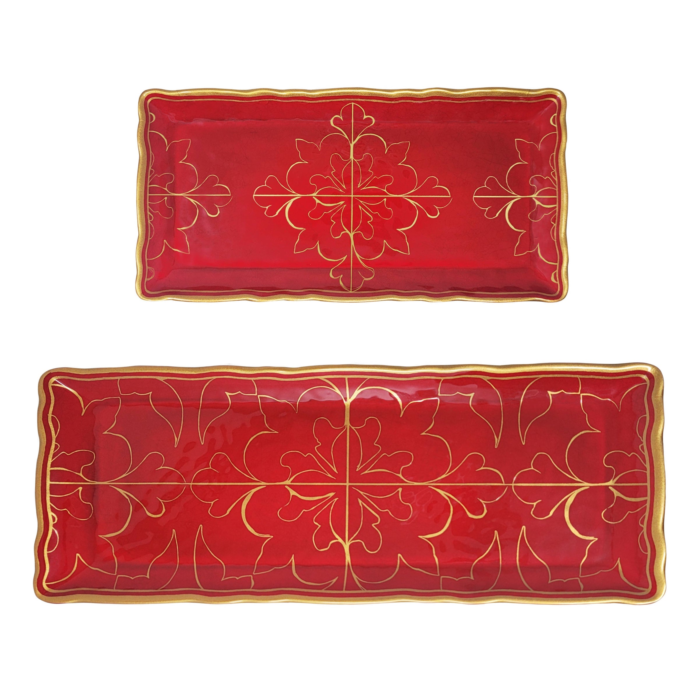 Top-down view of the two-piece Le Cadeaux Bellini tray set, showing elegant red and gold detail and generous serving sizes.