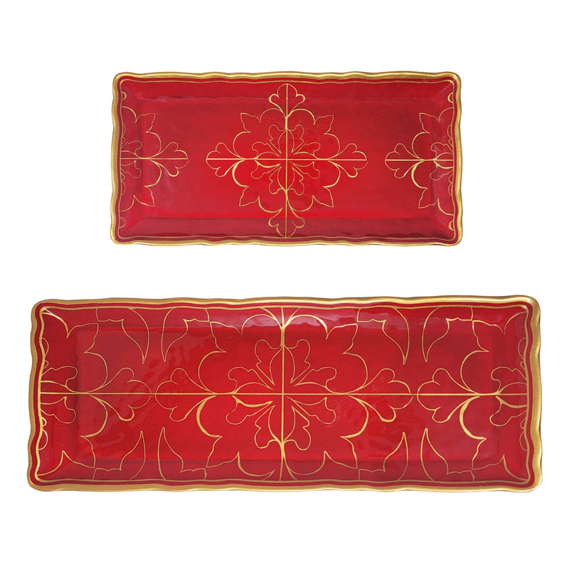 Top-down view of the two-piece Le Cadeaux Bellini tray set, showing elegant red and gold detail and generous serving sizes.