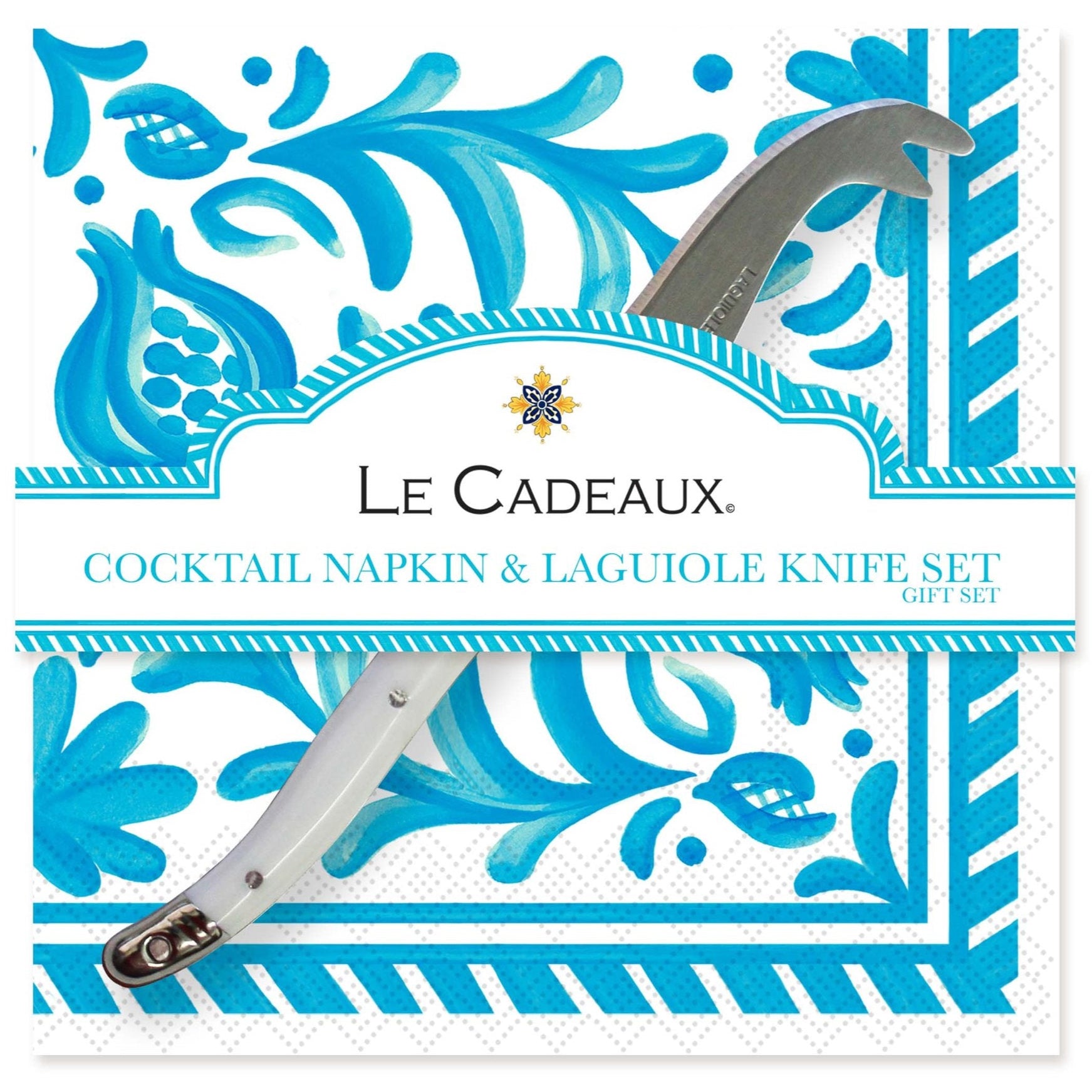 Le+Cadeaux+CCGS-256SCT+Sicily+Teal+Cocktail+Napkin+and+Mini+Laguiole+Cheese+Knife+Gift+Set+Lifestyle