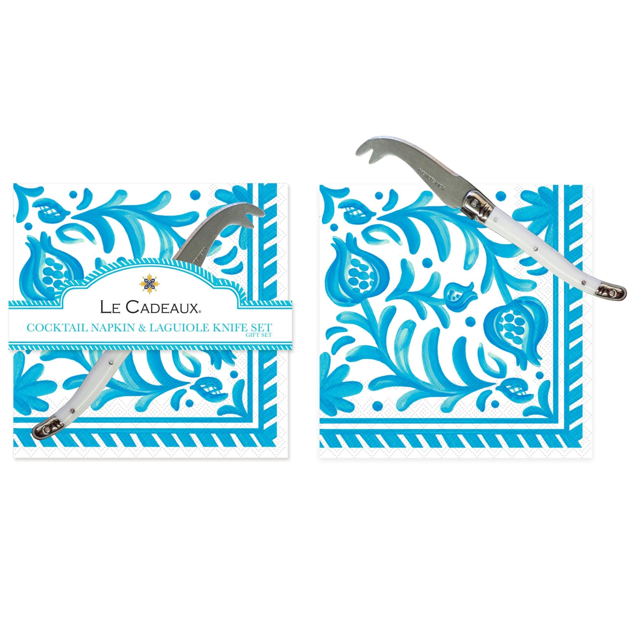 Le+Cadeaux+CCGS-256SCT+Sicily+Teal+Cocktail+Napkin+and+Mini+Laguiole+Cheese+Knife+Gift+Set+Lifestyle