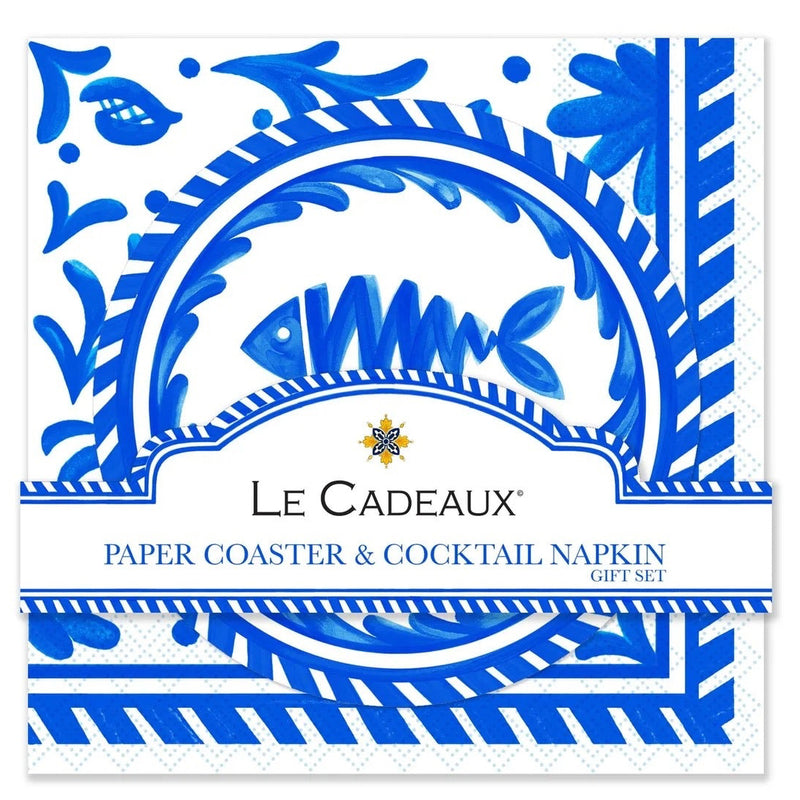 Le Cadeaux Mediterraneo Double-Sided Cocktail Napkins and Coasters Gift Set – Item CCGS-260MDT GTIN 810056678340