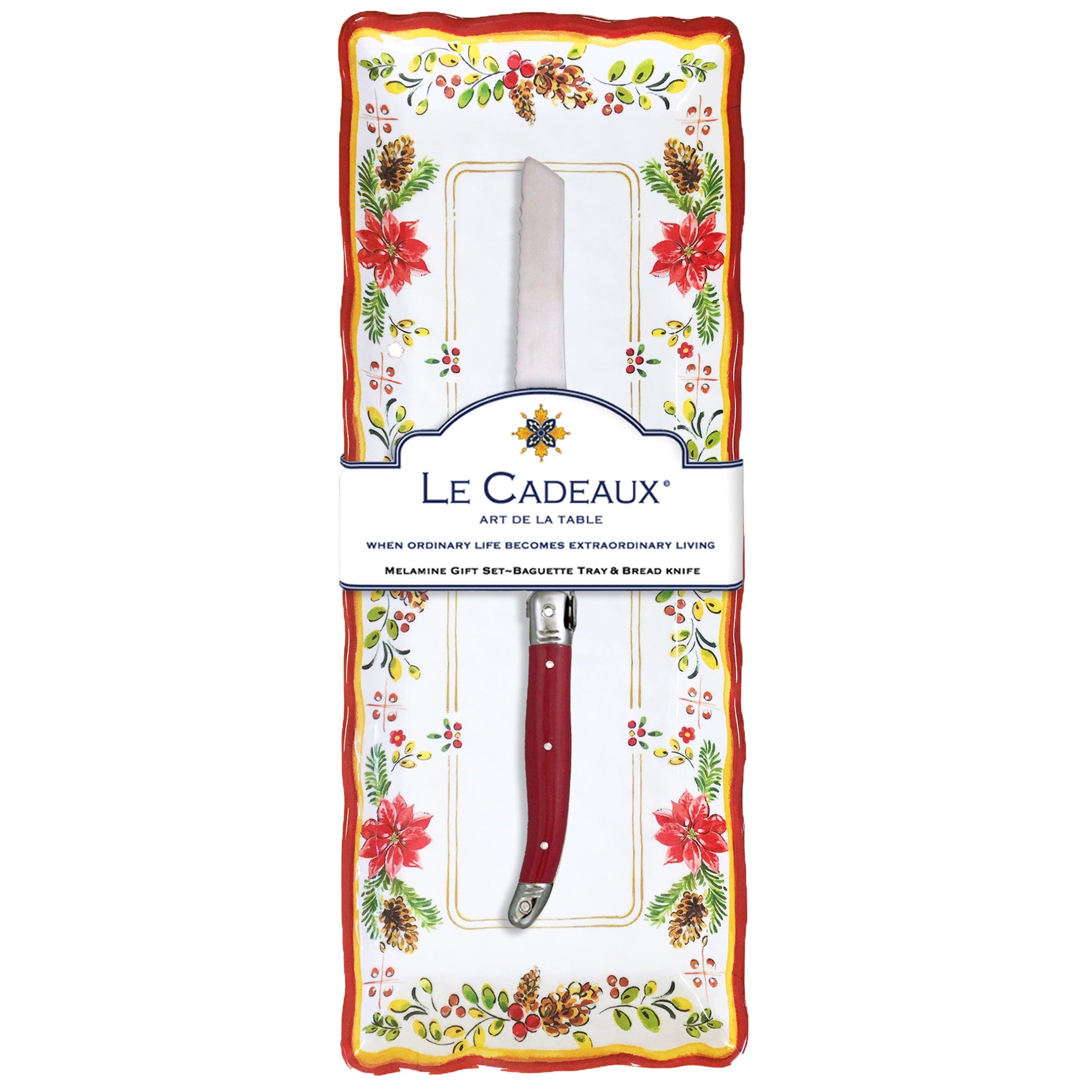Le Cadeaux knife and baguette tray set with Christmas floral design pinecones and poinsettias and greenery in packaging