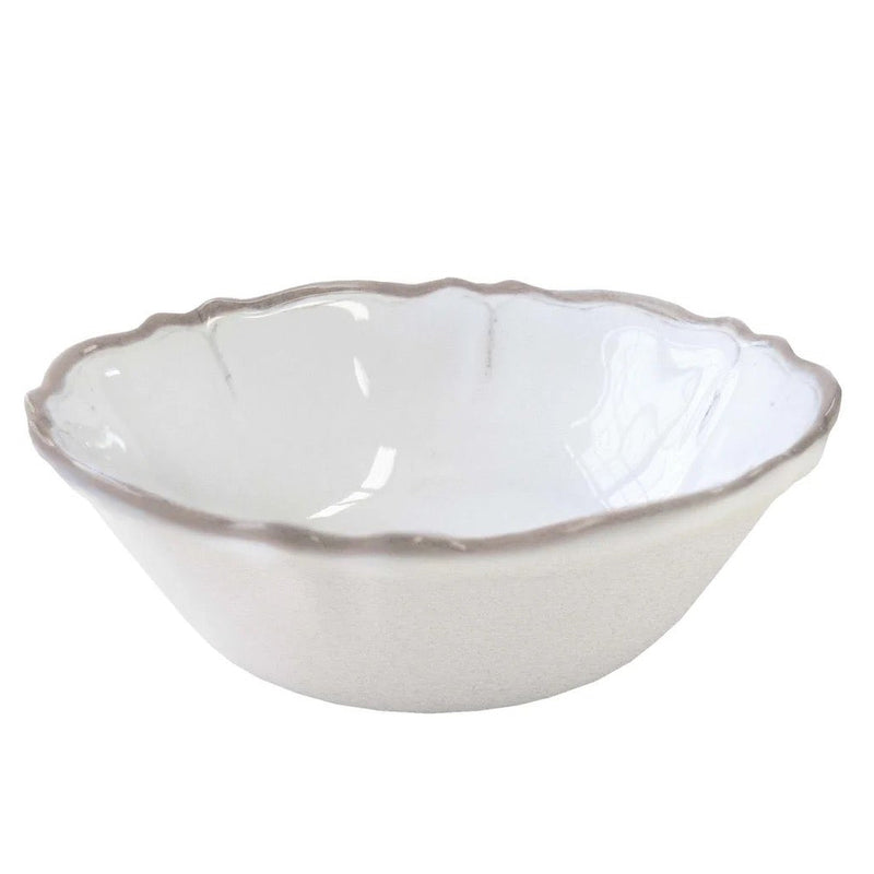 Le Cadeaux Rustica Antique White Melamine White cereal bowl with scalloped edge on a white background, item 233RUAW, item: 810266016208
