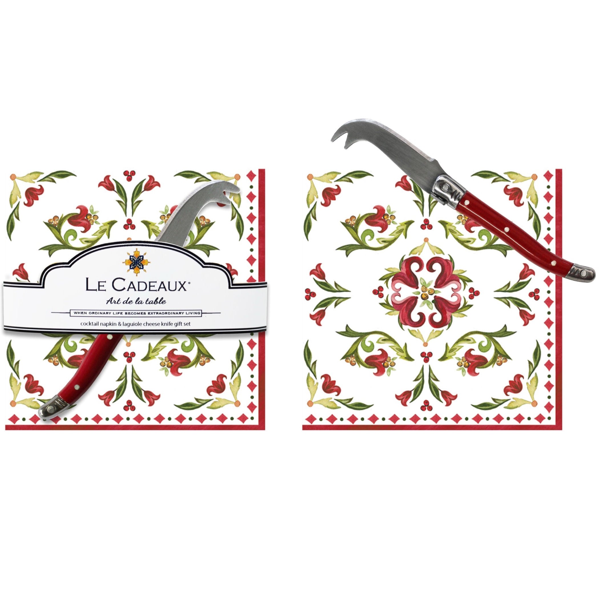 Le+Cadeaux+Vischio+cocktail+napkins+and+laguiole+cheese+knife+gift+set+UPC:+810056672560+Le+Cadeaux+item:+CCGS-256VIS