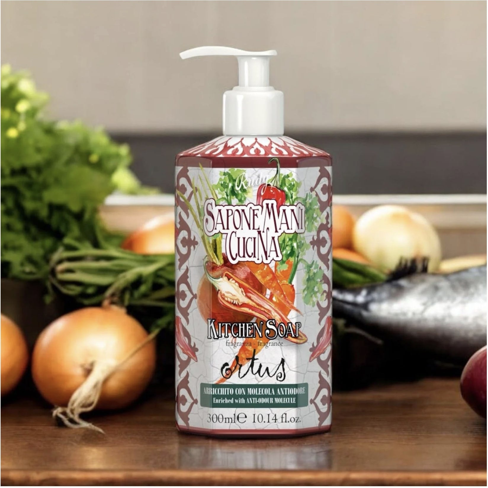 Ortus Hand Soap 10.4 oz (300 ml), SKU CC-3754, GTIN 8008860037541. Odor-neutralizing Italian kitchen hand soap with aromatic vegetal fragrance and Aloe Vera.