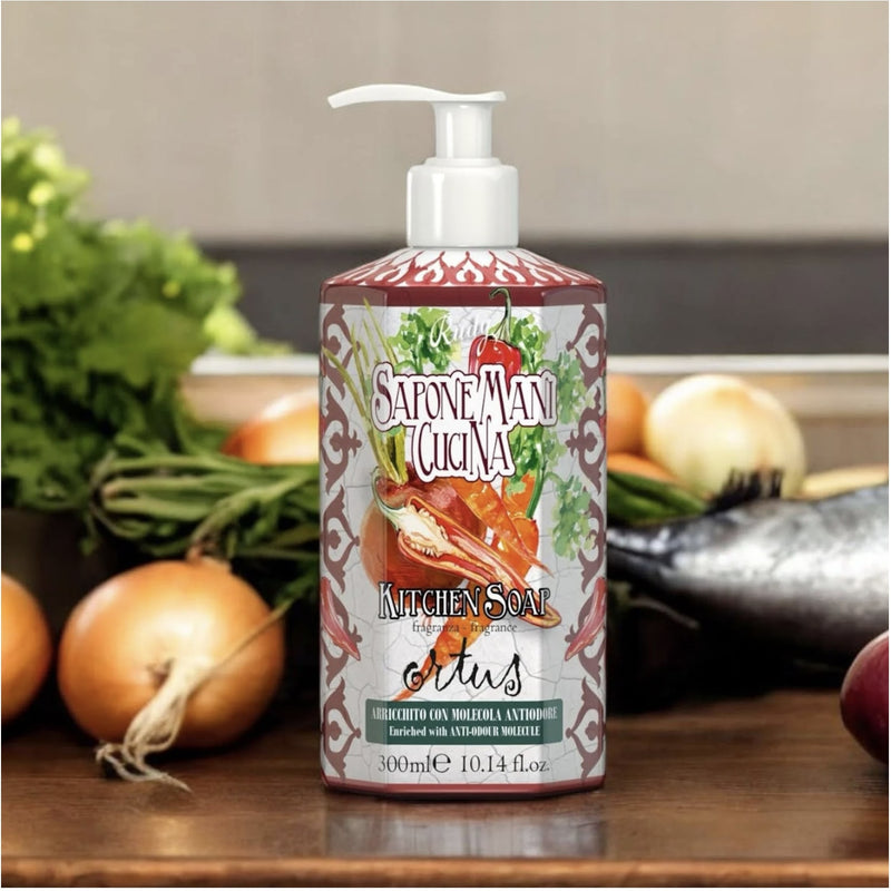 Ortus Hand Soap 10.4 oz (300 ml), SKU CC-3754, GTIN 8008860037541. Odor-neutralizing Italian kitchen hand soap with aromatic vegetal fragrance and Aloe Vera.