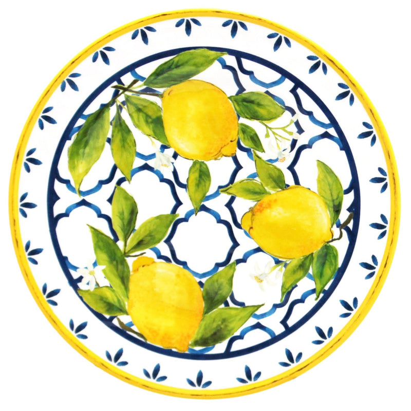 Appetizer Plates from the Palermo Collection, Le Cadeaux SKU 097PAL, UPC 810266033977. Vibrant yellow, blue, and white melamine.