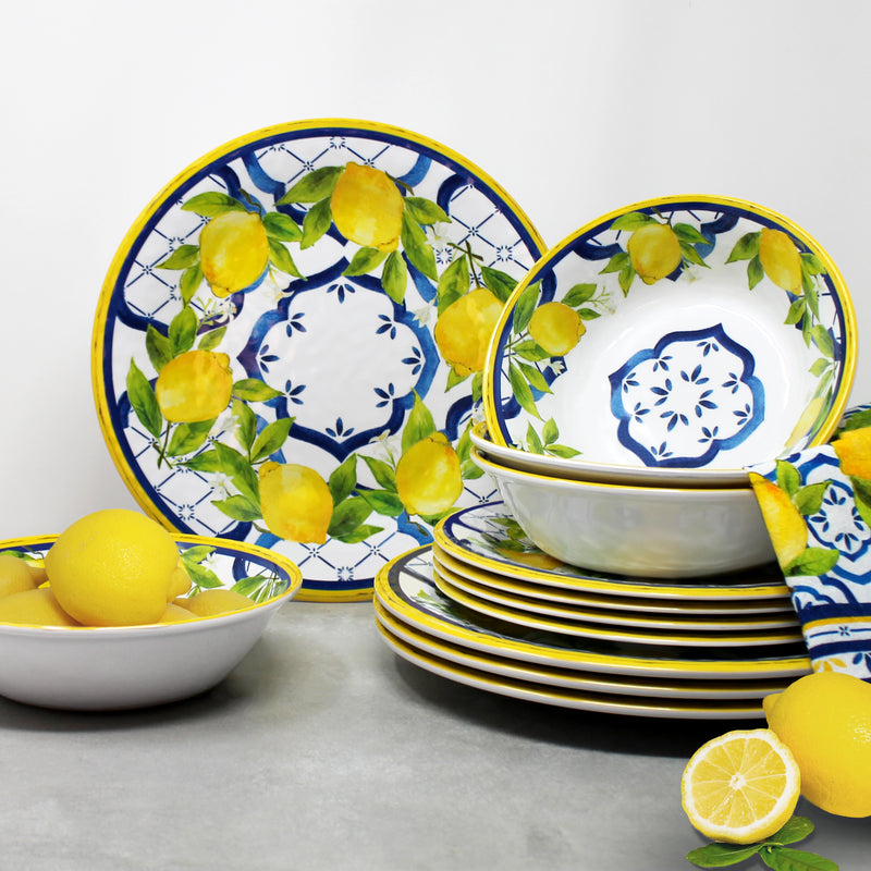 Set of Palermo Dinner Plates by Le Cadeaux, SKU 237PAL, UPC 810266034080. Yellow, blue, and white Italian-inspired ceramic look.