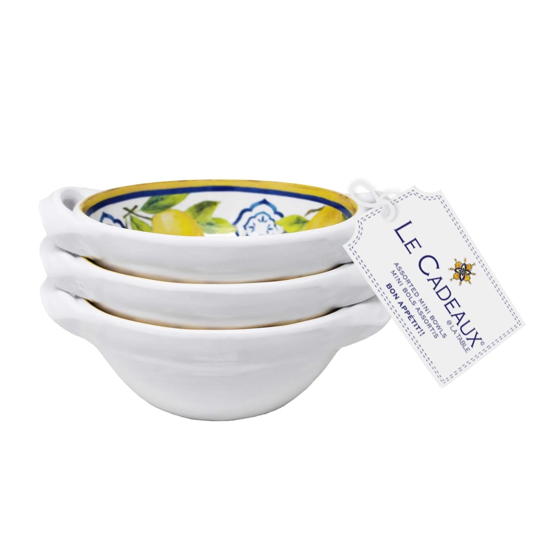Palermo Mini Two-Handled Bowls, Le Cadeaux SKU 096PAL. Limited edition, dishwasher-safe melamine bowls for condiments, ice cream, and cooking prep.