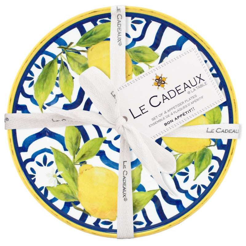 Le Cadeaux Palermo 4-piece Appetizer Plates Set, SKU 097PAL (UPC 810266033977). Durable BPA-free melamine with Italian ceramic look.