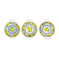 Le Cadeaux Palermo 3-piece mini two-handled bowls set, SKU 096PAL. Durable melamine with Italian ceramic look, perfect for dips, fruit, or prep work.