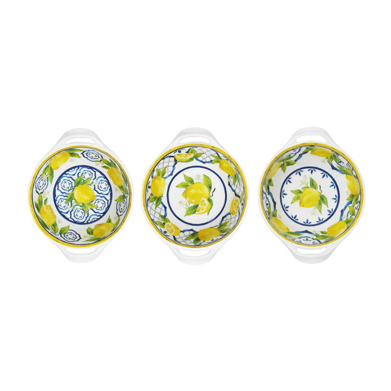 Le Cadeaux Palermo 3-piece mini two-handled bowls set, SKU 096PAL. Durable melamine with Italian ceramic look, perfect for dips, fruit, or prep work.