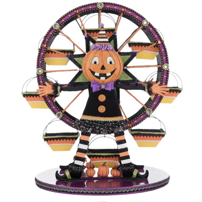 Front view of the Pumpkin Ferris Wheel Cupcake Holder from Katherine’s Collection Halloween 2025. A whimsical spinning centerpiece with jack-o’-lantern carts and food-safe base.