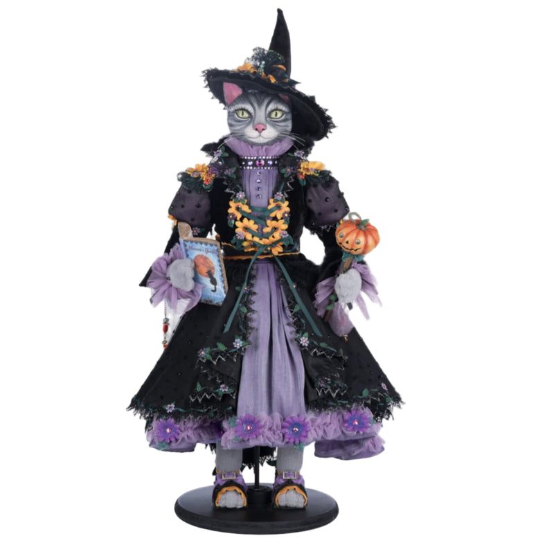Front view of Purr-L Blacktail handcrafted Halloween cat doll with jeweled costume, SKU 28-428185, GTIN 810074127295