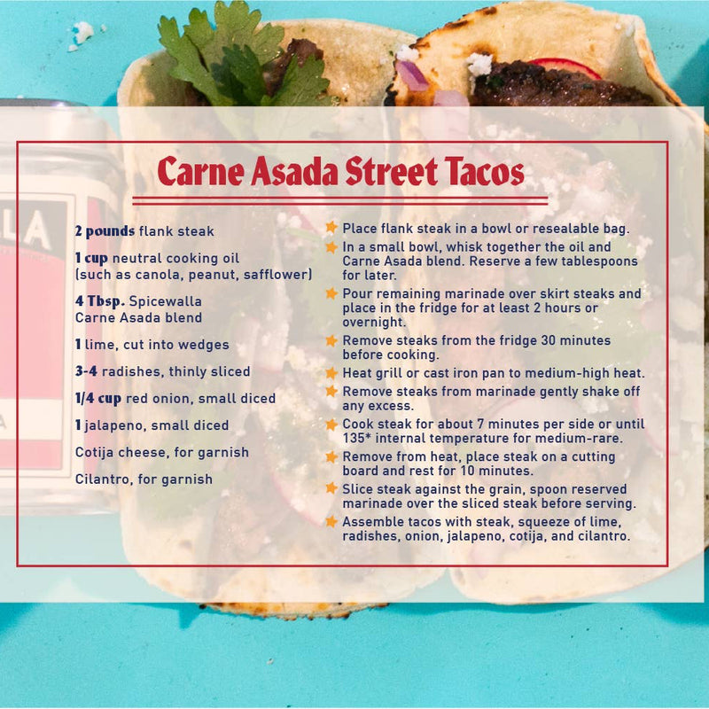 Carne Asada Street Tacos with a recipe card on a blue background using spicewalla spices